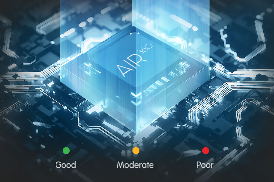 Menampilkan kualitas udara melalui sensor warna, memantau konsentrasi PM2.5 dan suhu ruangan secara akurat.
