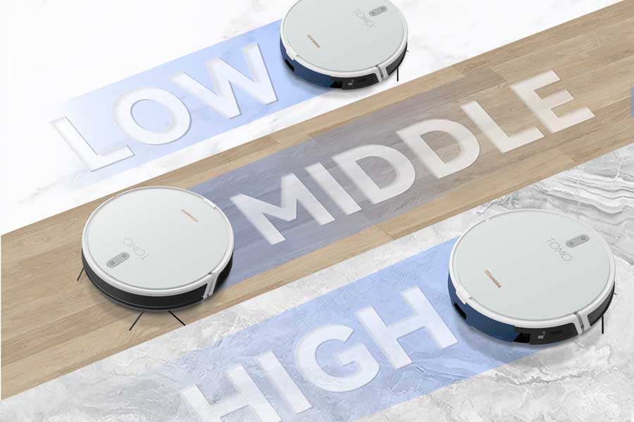 3 mode pel low, middle, high sehingga Robot Vacuum Cleaner dapat menyesuaikan tingkat air pada permukaan lantai.