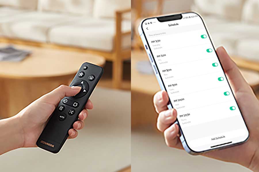 Robot Vacuum Cleaner dapat dikontrol melalui remote control dan smartphone.