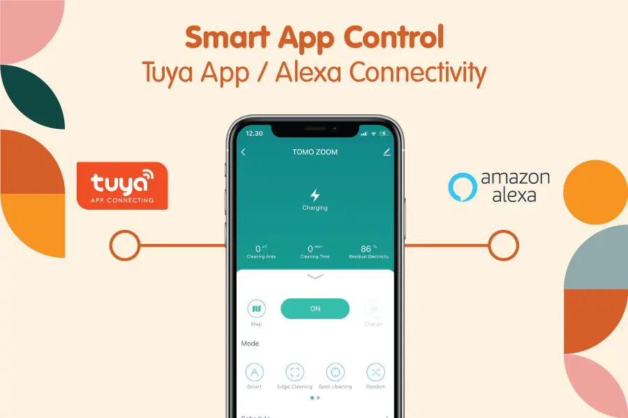 Robot vacuum cleaner dapat dikontrol melalui aplikasi Tuya atau Alexa pada smartphone.